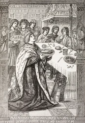 Sankt Ludvig serverar en måltid till de fattiga, från "Military and Religious Life in the Middle Ages" av Paul Lacroix, utgiven i London omkring 1880.